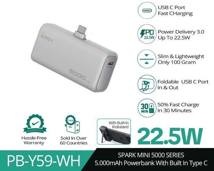 AUKEY POWER BANK Y59 5000MAH 22.5W MINI FROST WHITE